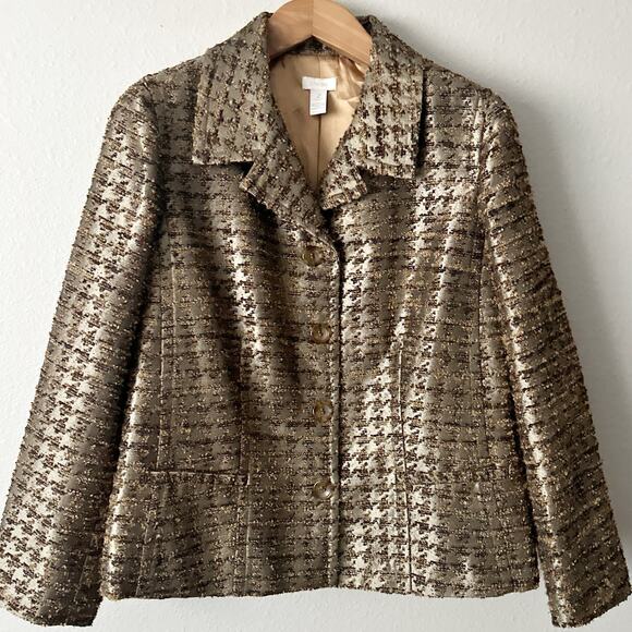 Chico’s Size 2 Olive Green Metallic Gold Tweed Button Blazer women’s size large - Picture 1 of 14